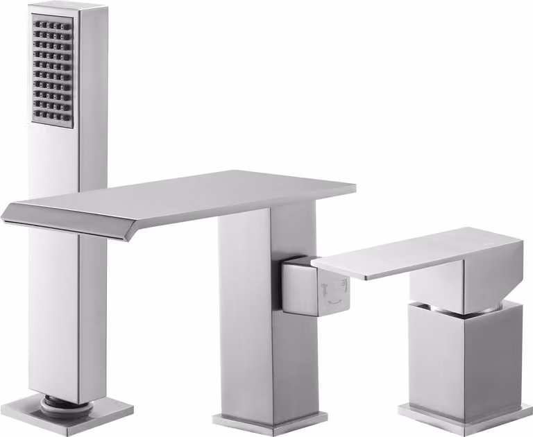 Miscelatore per vasca - Miscelatore a 3 fori per vasca - Con doccetta - Miscelatore monocomando - Alta portata - Due bocchette - Acciaio inox spazzolato