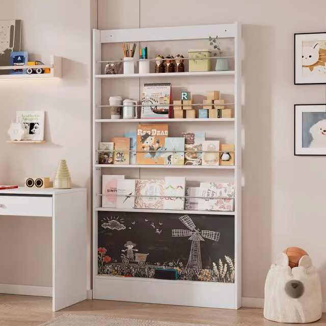 Libreria per bambini 4 ripiani con lavagna nera, salvaspazio da dietro porta, anti-ribaltamento, 100x10x180 cm