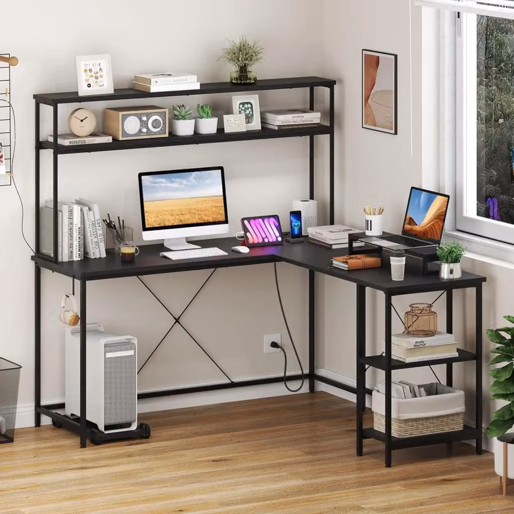Scrivania Gaming a Forma di L Costway con Striscia LED e Supporto CPU, Tavolo da Gioco Moderno in Legno e Metallo per Home Office e Studio, L/P/H: 145 x 147 x 76 cm (Nero) – 2