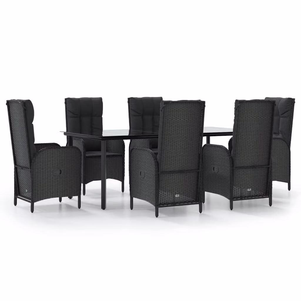 Set da Pranzo da Giardino 7 pz Nero con Cuscini in Polyrattan