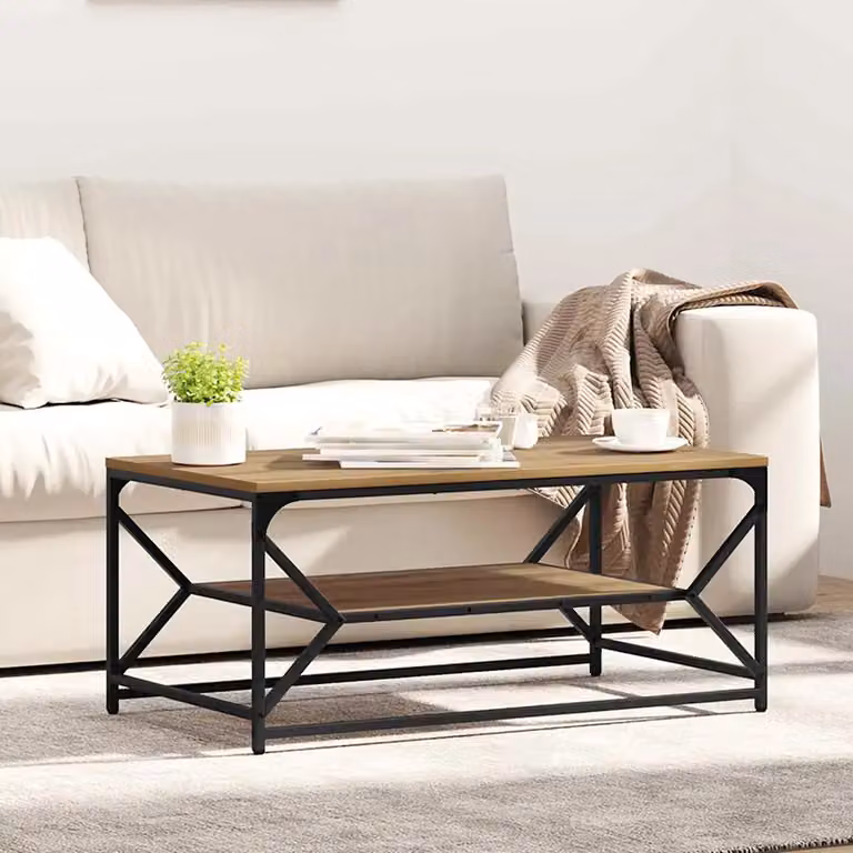 Tavolino da salotto moderno vidaXL in legno e metallo color rovere, L 90 x P 50 x H 40 cm