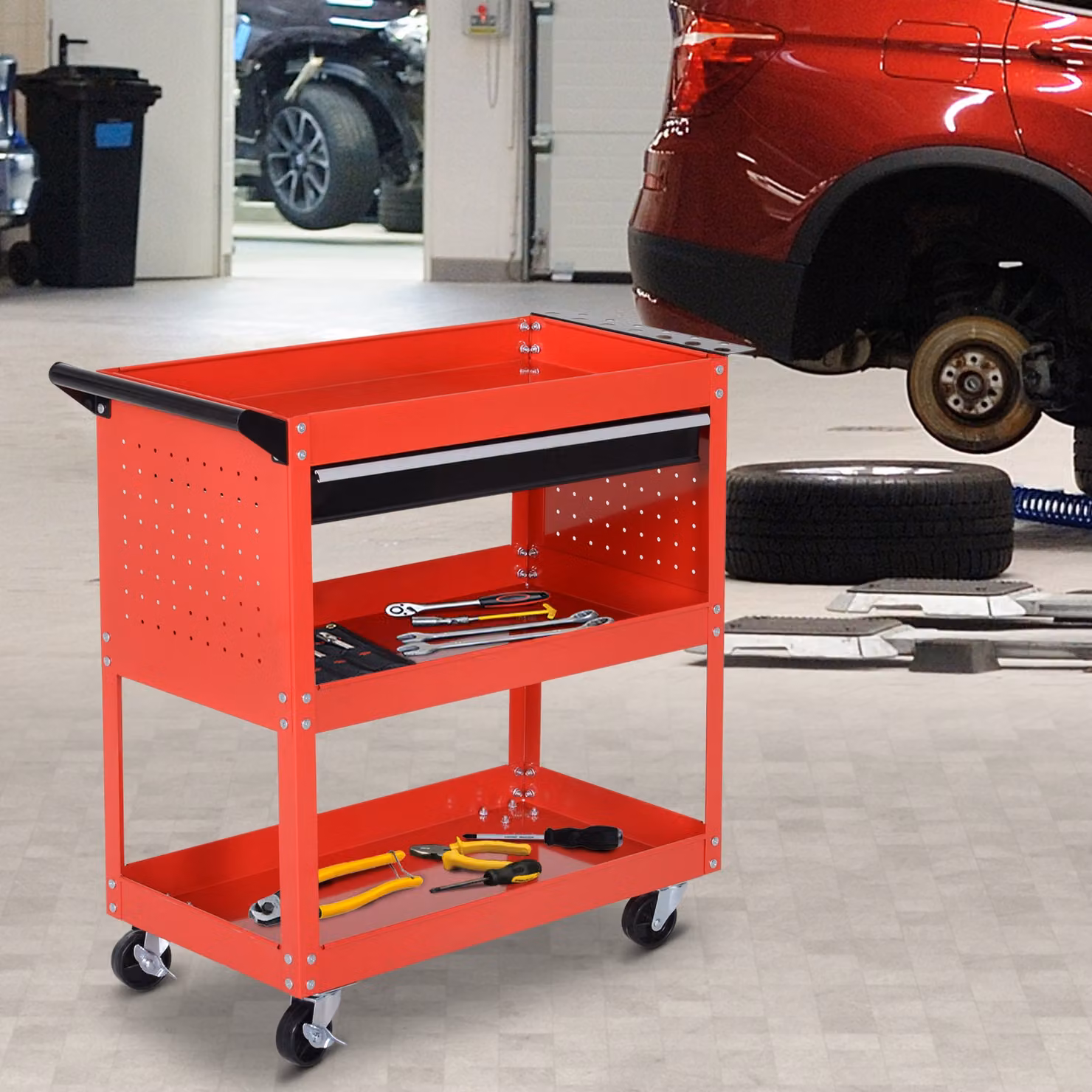 Carrello portautensili da officina multiuso Durhand in acciaio rosso con 3 ripiani, L: 70 cm, P: 35 cm, H: 75.5 cm – 2