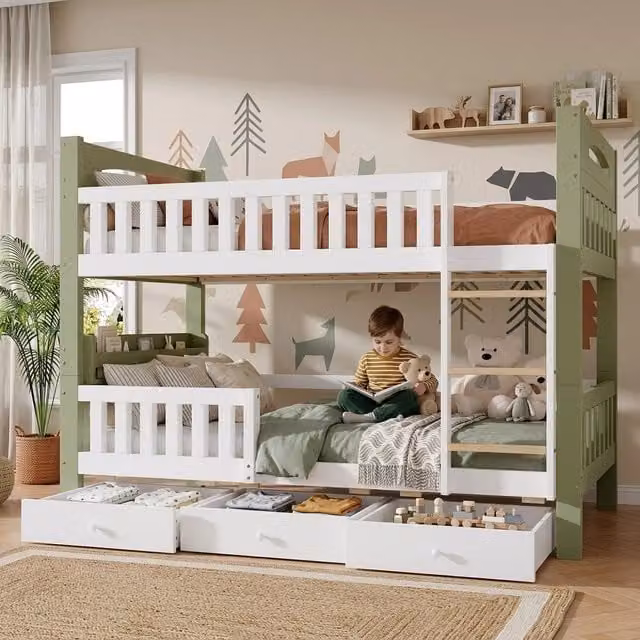 Letto a castello per bambini in legno, 90x200 cm, bianco/verde, con scala, ringhiera di sicurezza alta, mensola laterale e 3 cassetti