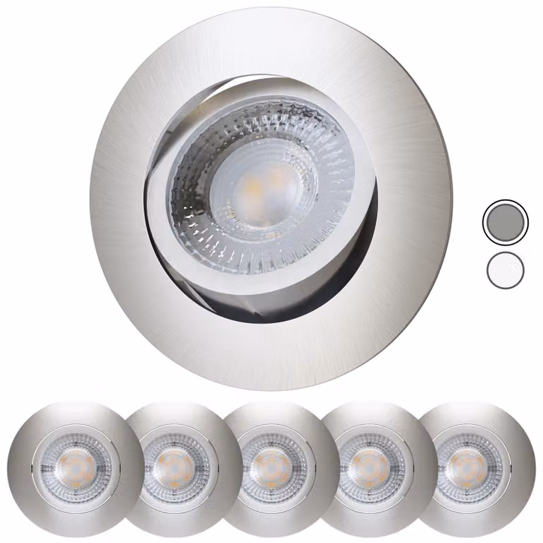 Set di 6 faretti LED da interno, stile scandinavo, 230V, 4,3W, luce calda, orientabili, diametro 68-75mm. Adatti per il bagno. Indice di resa cromatica (CRI) 90, 350 lumen, 3000K, diametro 68mm. Design in acciaio inossidabile. Faretti LED da incasso, lamp