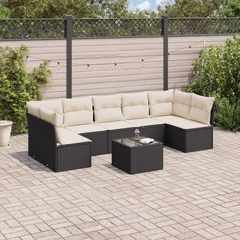 vidaXL Set Divani da Giardino a L con Cuscini 8 pz in Polyrattan e Metallo Nero e Bianco