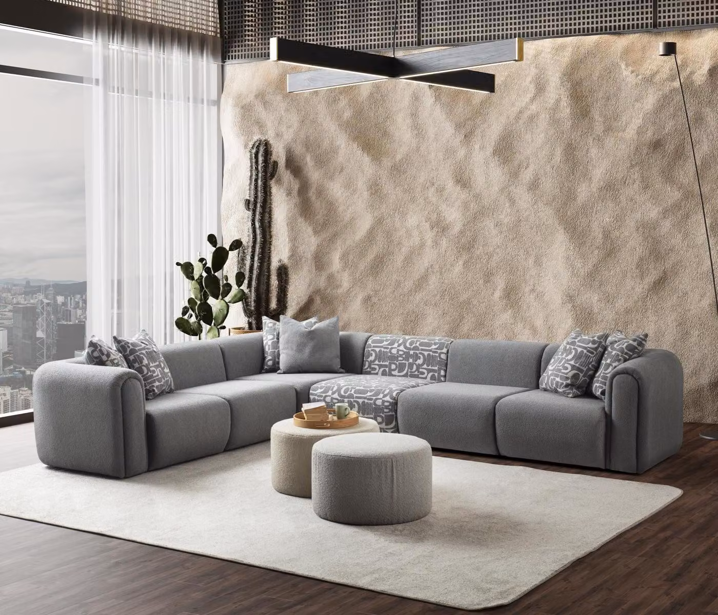 Set soggiorno grigio Lussuoso divano angolare Pouf di design Mobili eleganti