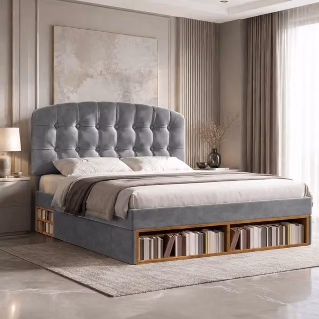 Letto matrimoniale 140x200 grigio in velluto con rete a doghe, testiera regolabile in altezza e cassetti contenitori
