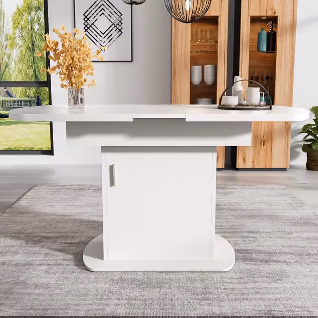 Tavolo da pranzo ovale allungabile 110/130x70x75 cm, con vano portaoggetti, design moderno minimalista salvaspazio, bianco con maniglia argento