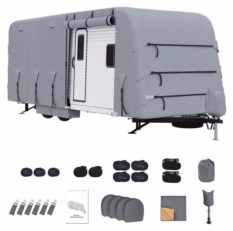 Copertura protettiva per camper, lunghezza 9,1-10,1 m – Copertura multistrato (4 strati) impermeabile, resistente al vento, resistente ai raggi UV, resistente agli strappi (400 kg), traspirante, con accessori inclusi