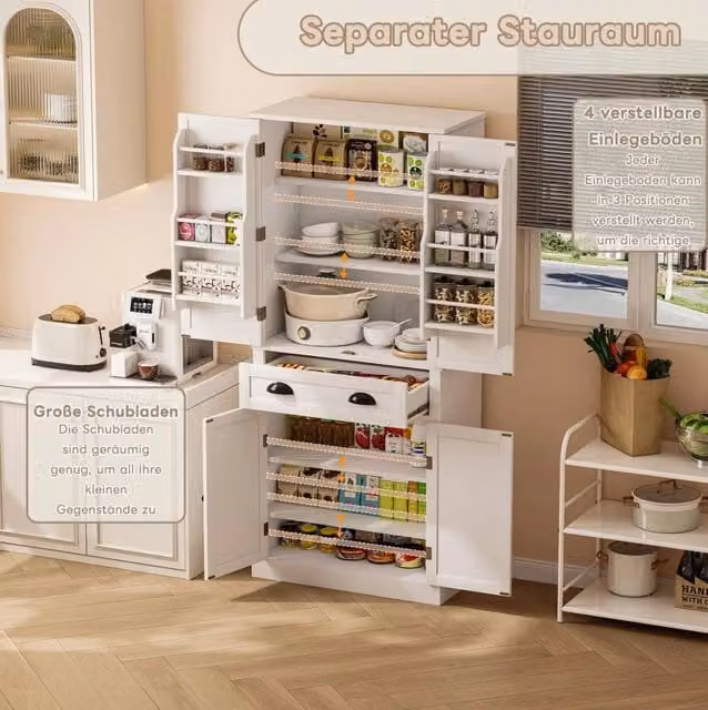 Armadio contenitore bianco 182 cm con 4 ante, 1 cassetto e ripiani regolabili per cucina e soggiorno