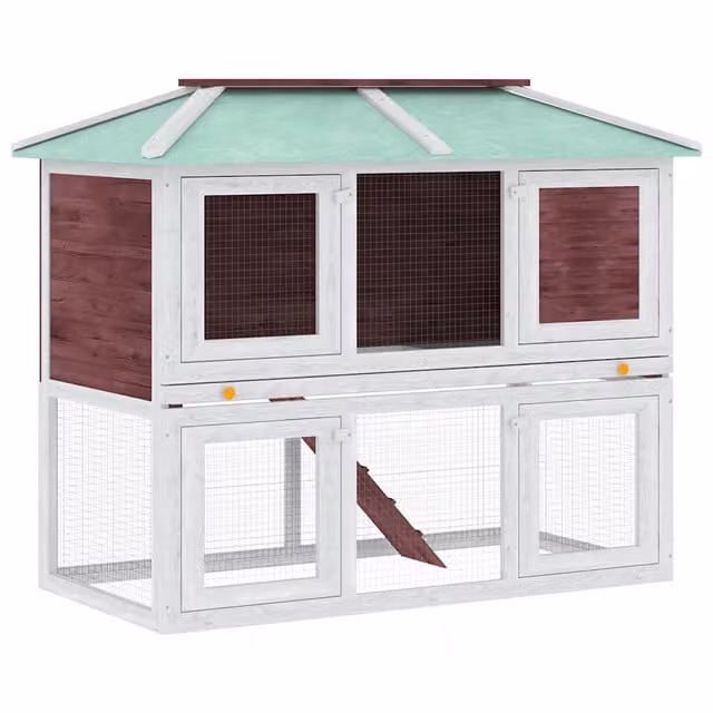 Conigliera a due piani in legno di abete resistente alle intemperie per piccoli animali, disponibile in bianco, marrone o verde, L: 105 cm, P: 68 cm, H: 105 cm – 1