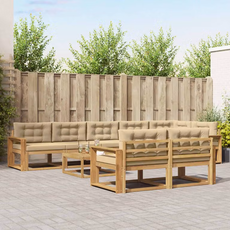 Set di divani da esterno vidaXL a forma di U composto da 9 pezzi con tavolino da caffè, in legno di acacia e tessuto bianco, beige e marrone