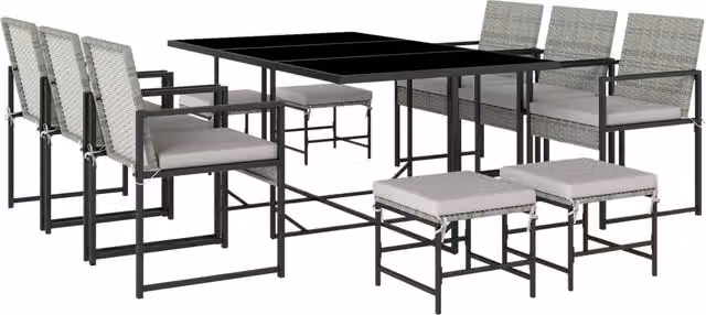 Set 11 Pezzi da Pranzo da Esterno con Tavolo 6 Poltrone e 4 Pouf in Rattan PE Vetro e Acciaio Grigio