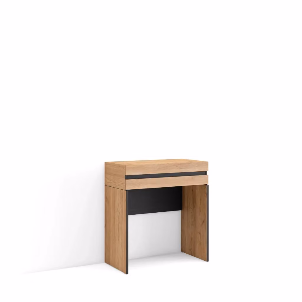 Tavolo da toeletta moderno SKRAUT HOME in legno color rovere con cassetto, L: 70 cm, P: 35 cm, H: 75 cm – 2