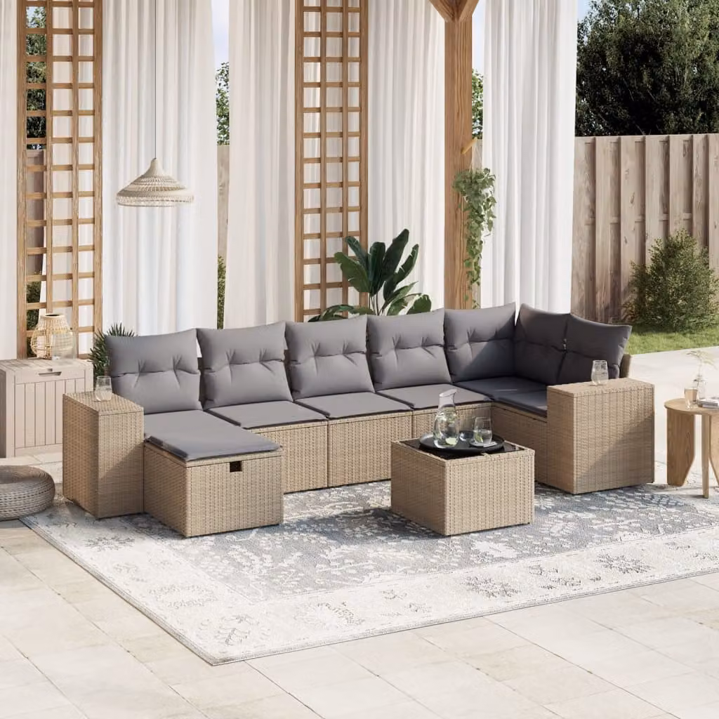 vidaXL Set Divano da Giardino a L 8 pz con Cuscini Beige e Grigio in Polyrattan e Acciaio