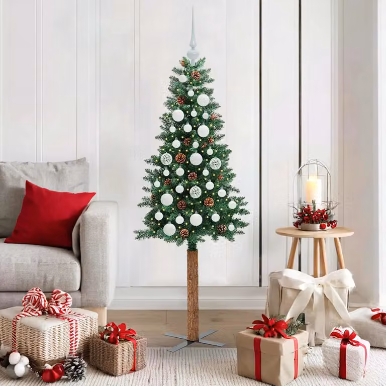 Albero di Natale snodato moderno vidaXL verde con luci LED bianco caldo, materiali in PVC, metallo e legno, Altezza: 150 cm