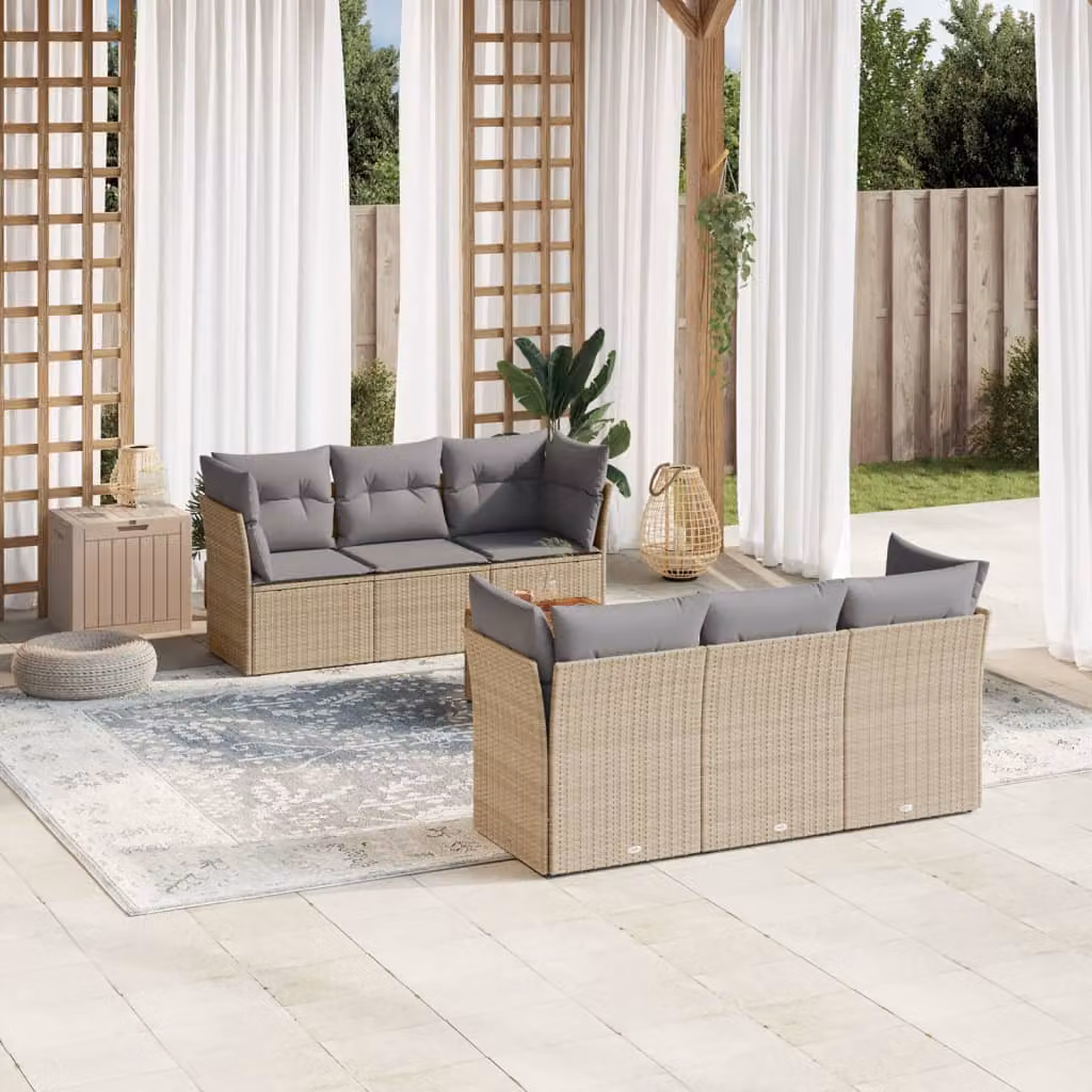 vidaXL Set Divani da Giardino 7 pz a Forma di L in Polyrattan con Cuscini Beige e Tavolino da Esterno – 1