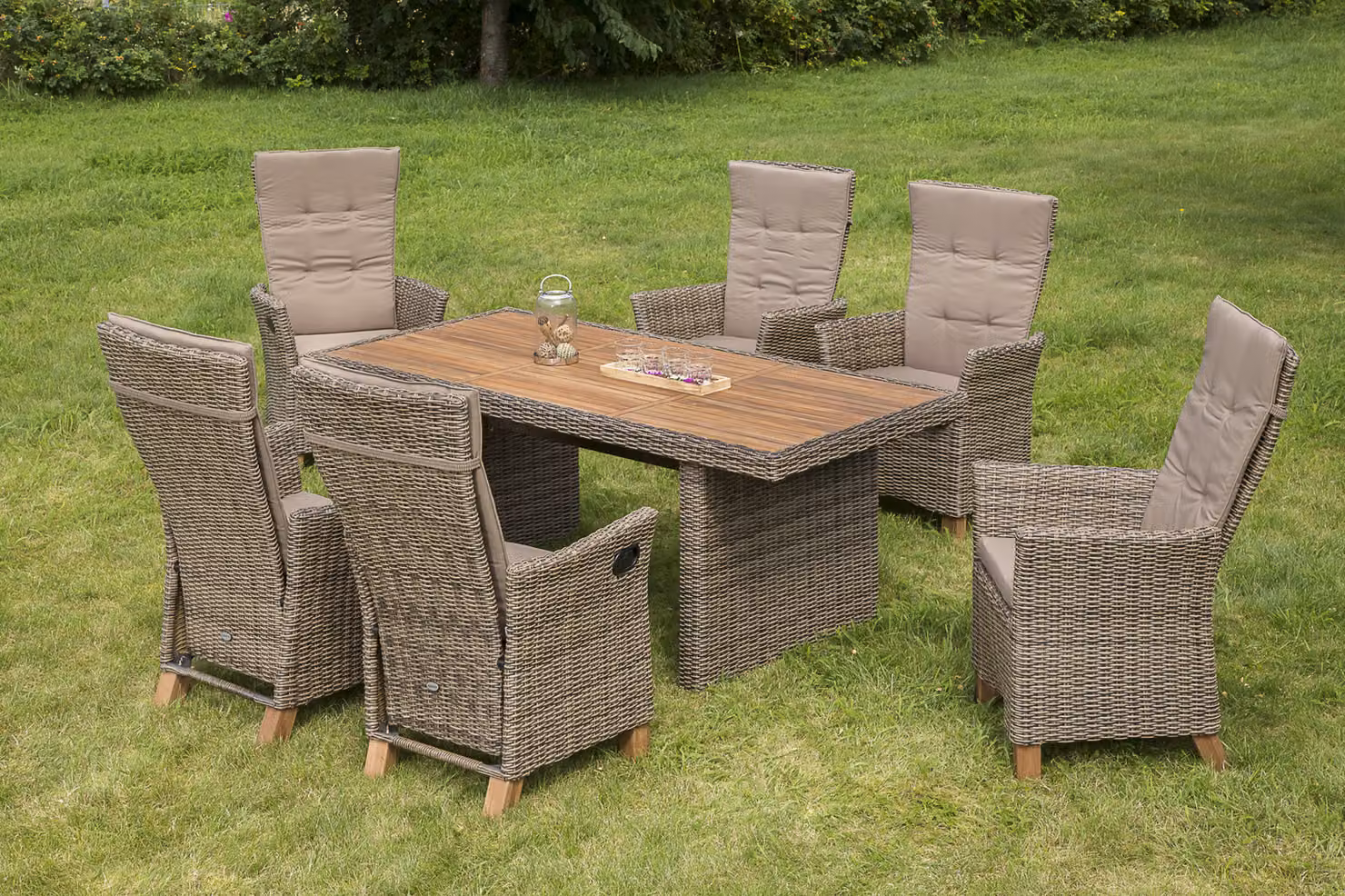 Set di mobili da giardino Merxx Toscana, 13 pezzi: 6 poltrone regolabili tramite molla a gas, 6 cuscini, tavolo 185 x 90 cm, alluminio/intreccio in plastica/acacia