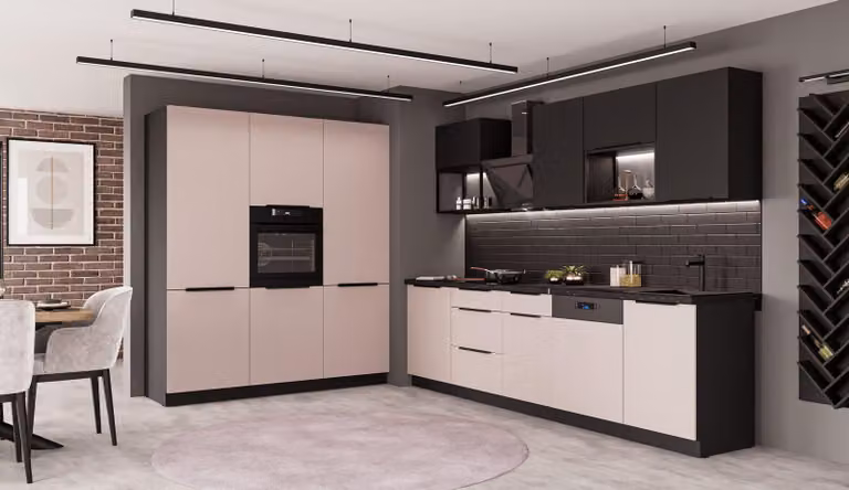 Cucina ARONA + SIENA LOFT 280 + 180 cm, linea cucina, blocco cucina, cucina componibile, beige cashmere opaco + nero opaco