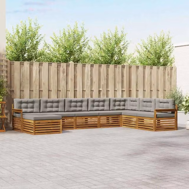 Set di divani da esterno a L con ottoman vidaXL in legno di acacia e tessuto grigio, 8 pezzi