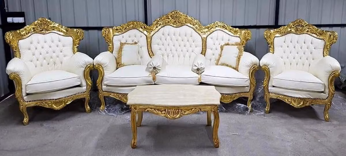 Casa Padrino Set da salotto barocco bianco / oro - 1 divano barocco in Pelle finta e 2 poltrone barocche in Pelle finta - Mobili da salotto in stile barocco - Mobili barocchi - Mobili da salotto barocchi