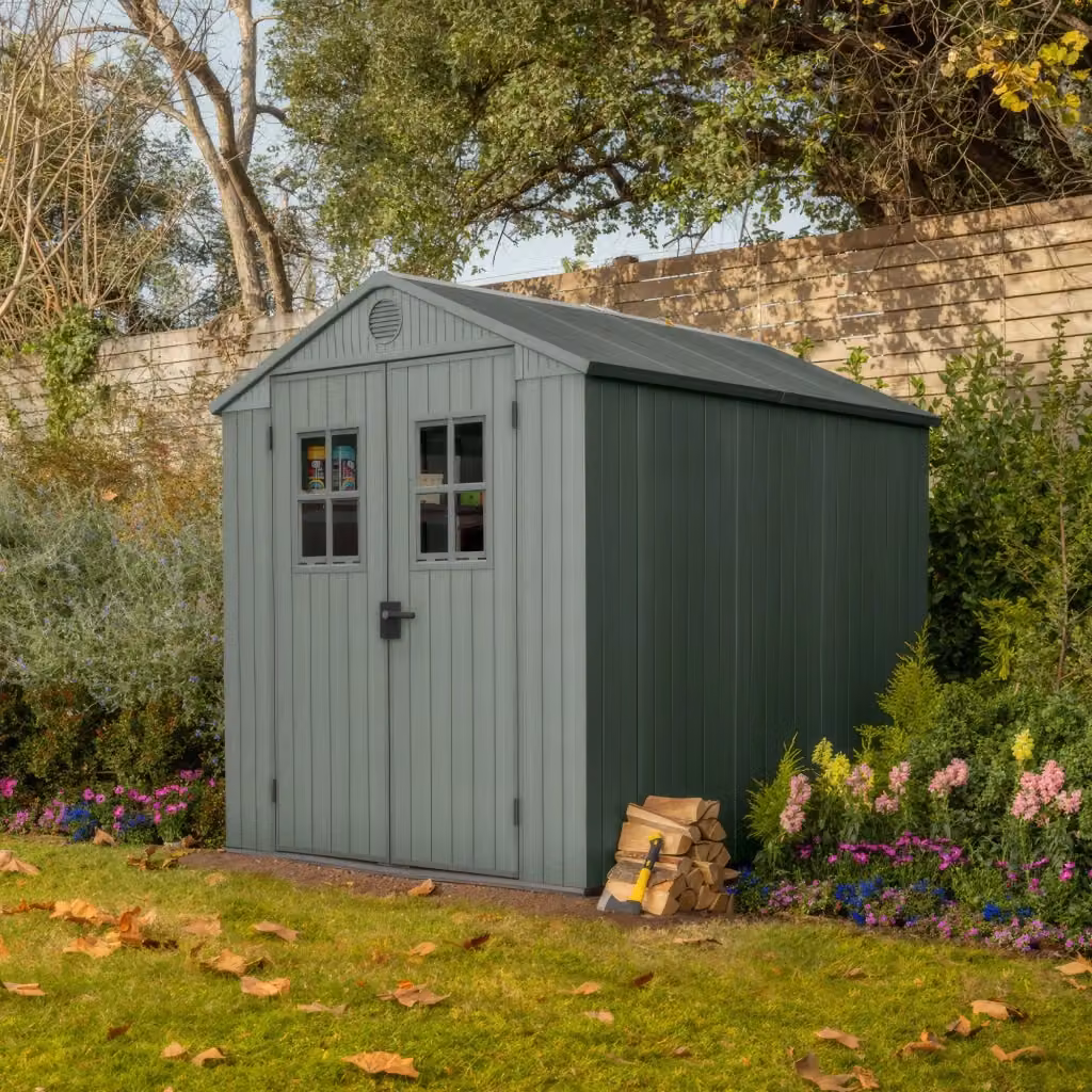Casetta da giardino Keter Darwin 6x8 in resina verde con finitura effetto legno e doppia anta per deposito attrezzi L: 190 cm, P: 221 cm, H: 244 cm – 2
