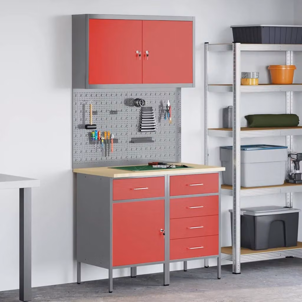 Carrello da lavoro mobile vidaXL in acciaio e legno ingegnerizzato rosso con serratura, 5 pezzi