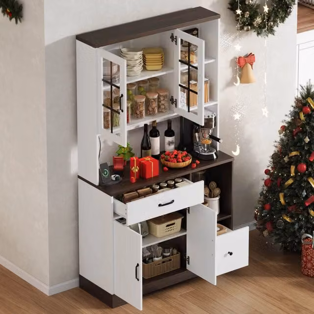 Credenza da cucina con LED a colori; prese USB; ripiani regolabili e ante in vetro naturale e bianco 105 × 40 × 185 cm