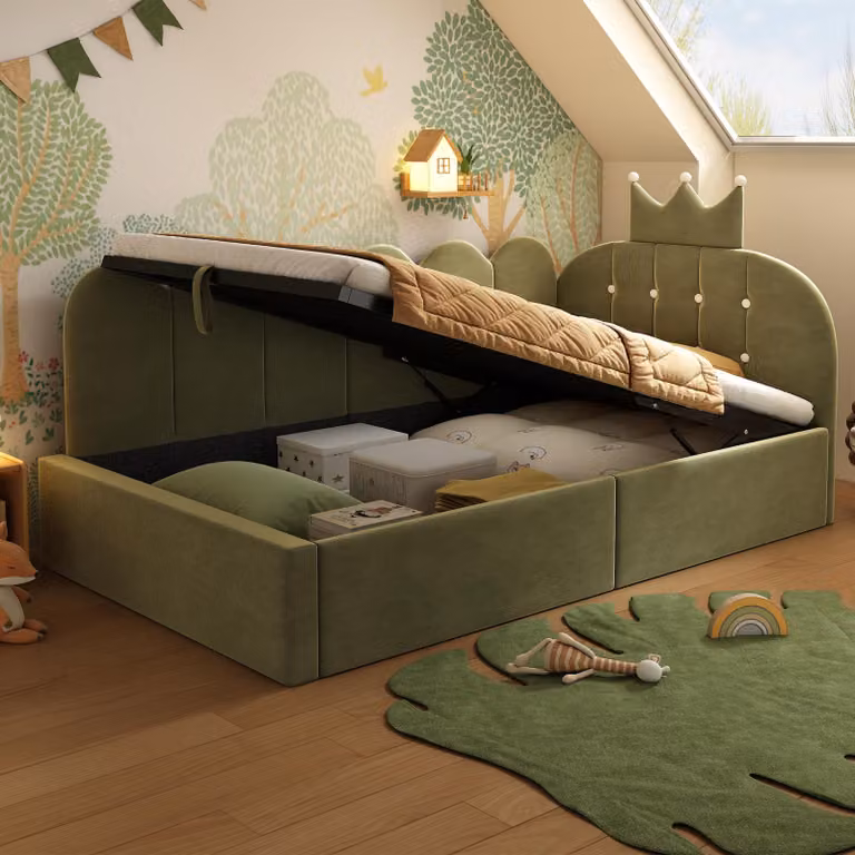 Letto imbottito STILVORA 90x200 cm, divano letto con contenitore idraulico, divano letto a L in velluto, letto per ospiti con design a traliccio a , con materasso verde