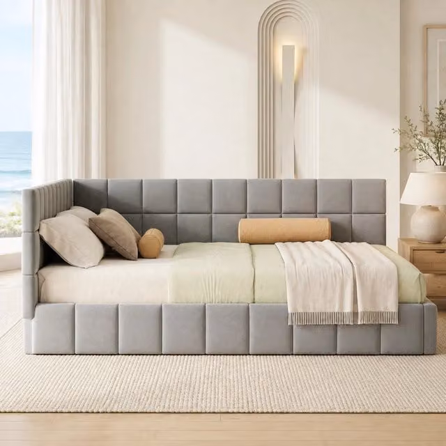 Letto a giorno imbottito in tessuto con rete a doghe; 160x200 cm; grigio