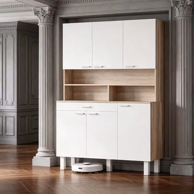 Mobile colonna da cucina con cassetto ripiano aperto e passacavi bianco effetto legno 120 × 40 × 175 cm