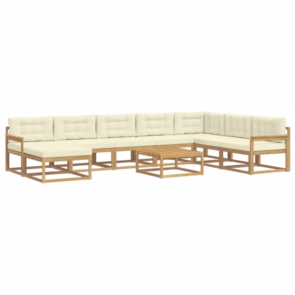 Set di divani da esterno a L con tavolino e pouf vidaXL in legno di acacia, Bianco e Beige, 9 pezzi – 2