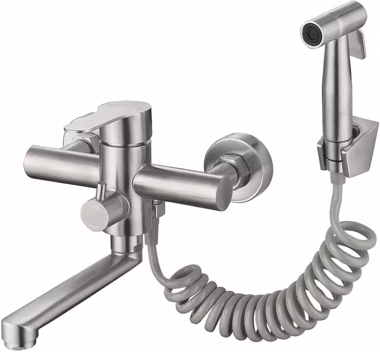 Miscelatore da cucina con montaggio a parete, dotato di spruzzatore, 2 getti d'acqua, 18 cm, con beccuccio girevole