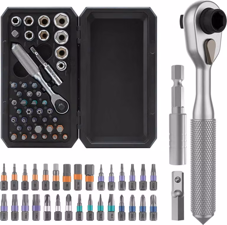 Set di chiavi a cricchetto PCWork per meccanica di precisione, punte in acciaio S2, bussole CrV, custodia magnetica, 42 pezzi