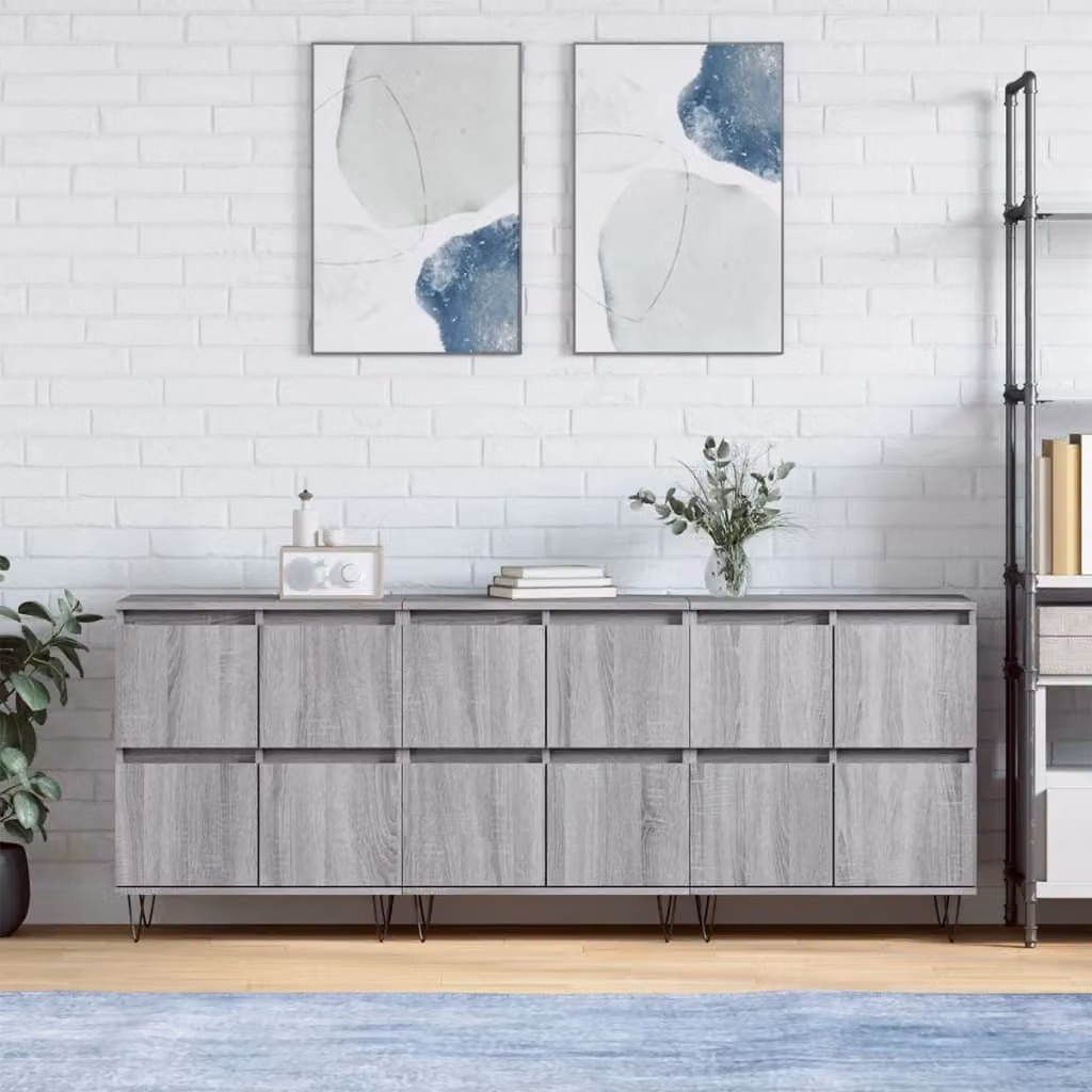 Set di 3 credenze vidaXL in legno e metallo, colore grigio, per soggiorno o sala da pranzo