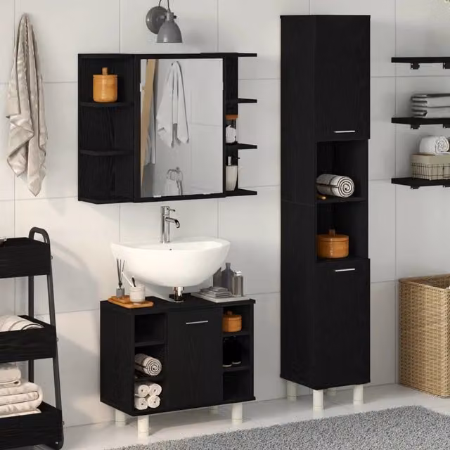 Set di mobili per il bagno 3 pz Nero 30 x 30 x 179,5 cm 3333049