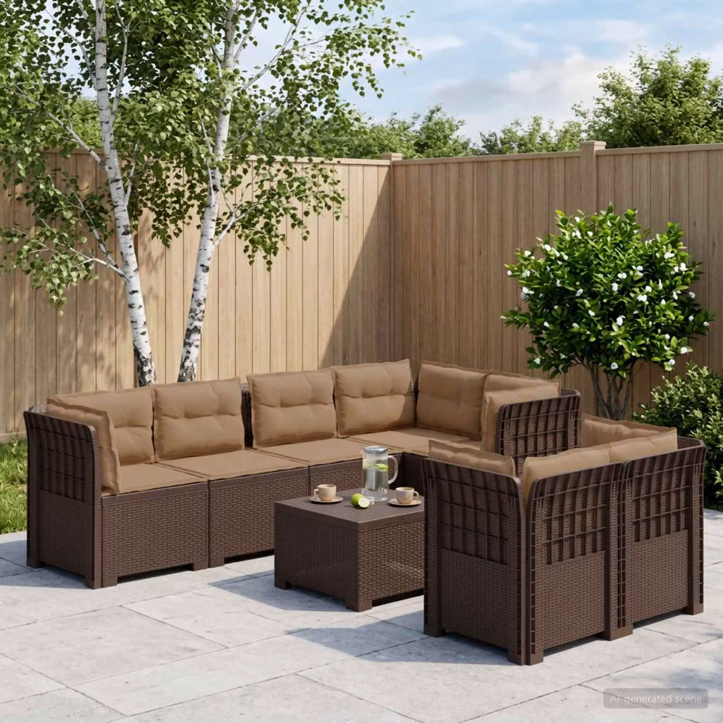 vidaXL Divano da Giardino a Forma di U con 7 Posti in Polyrattan Marrone e Cuscini Imbottiti