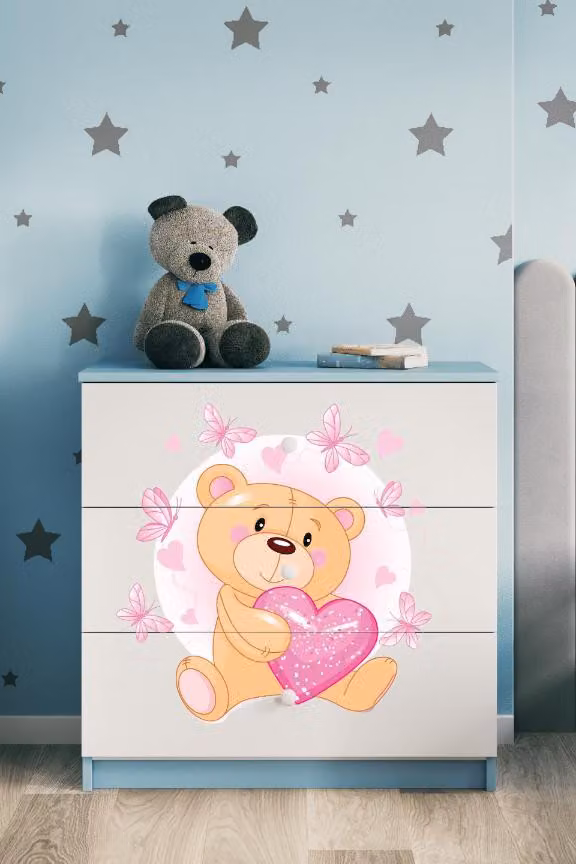 Cassettiera per bambini orsetto farfalle nel colore blu Babydreams