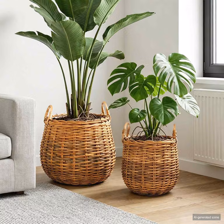 Set di 2 cestini per piante vidaXL GENDT in rattan color marrone naturale con maniglie