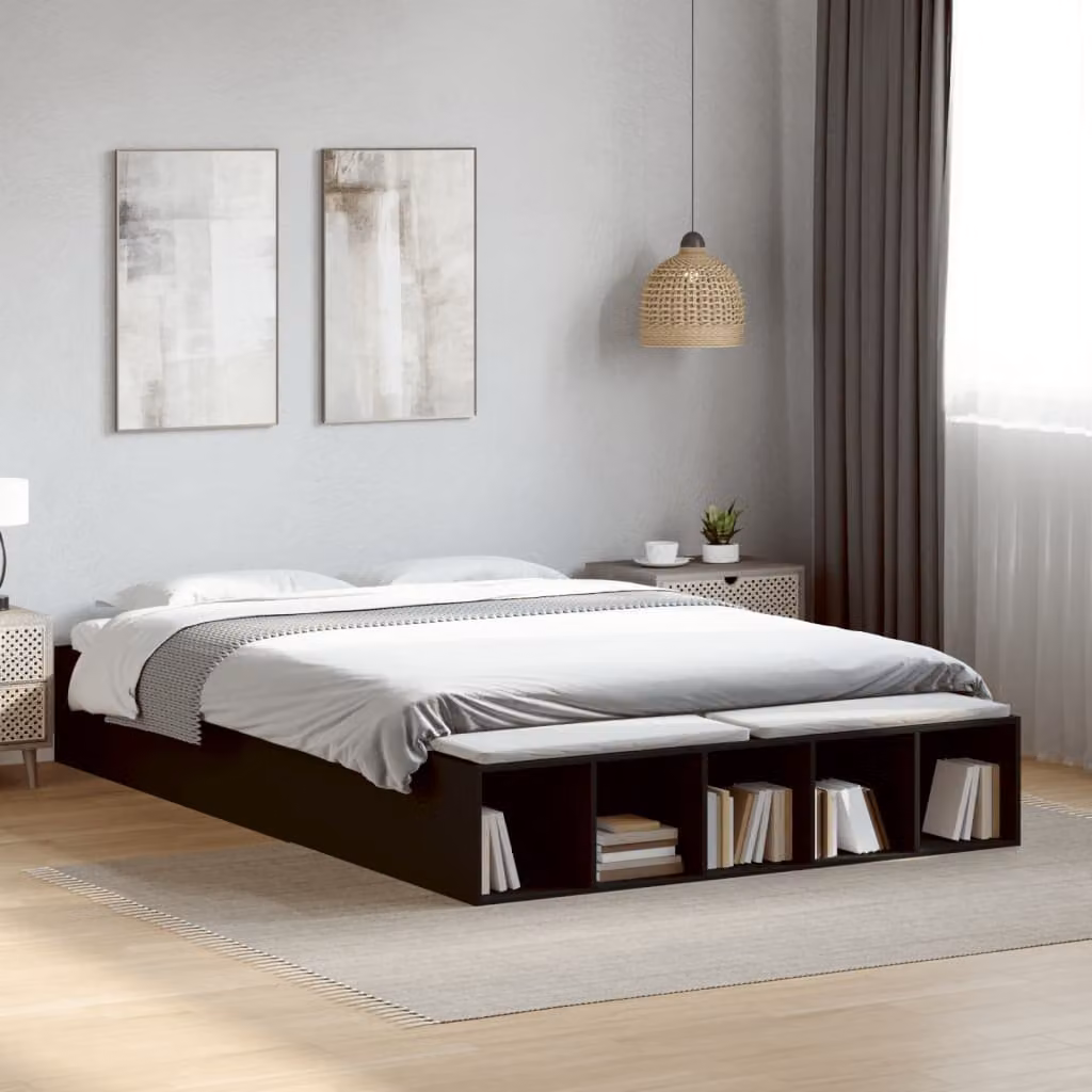 Letto moderno vidaXL in legno nero e bianco con doghe in legno e contenitore laterale L/P/H: 150 x 200 x 163 cm