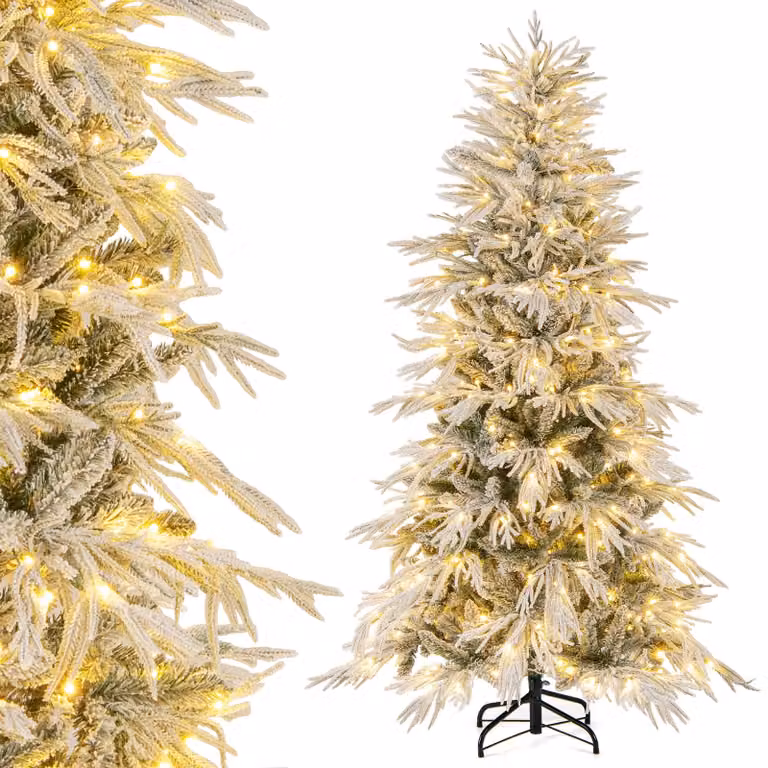 COSTWAY Albero di Natale artificiale da 180 cm con neve, 250 LED bianchi caldi e 594 punte di rami, albero di Natale, albero di Natale, albero di Natale artificiale