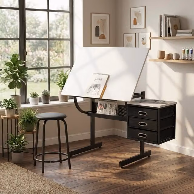 Scrivania da disegno regolabile con 3 cassetti e sgabello - per studio - bianca
