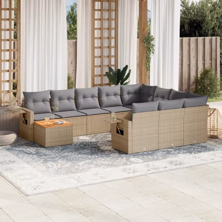 vidaXL Set Divani da Giardino 11 pz in Polyrattan con Cuscini Beige e Tavolino da Esterno