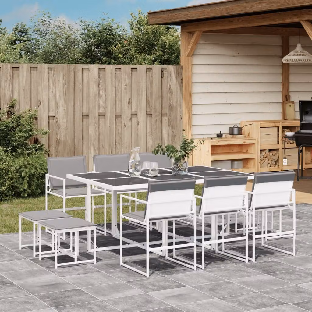 vidaXL Set da Pranzo da Giardino 11 pz in Acciaio Verniciato a Polvere e Vetro Bianco e Grigio – 1