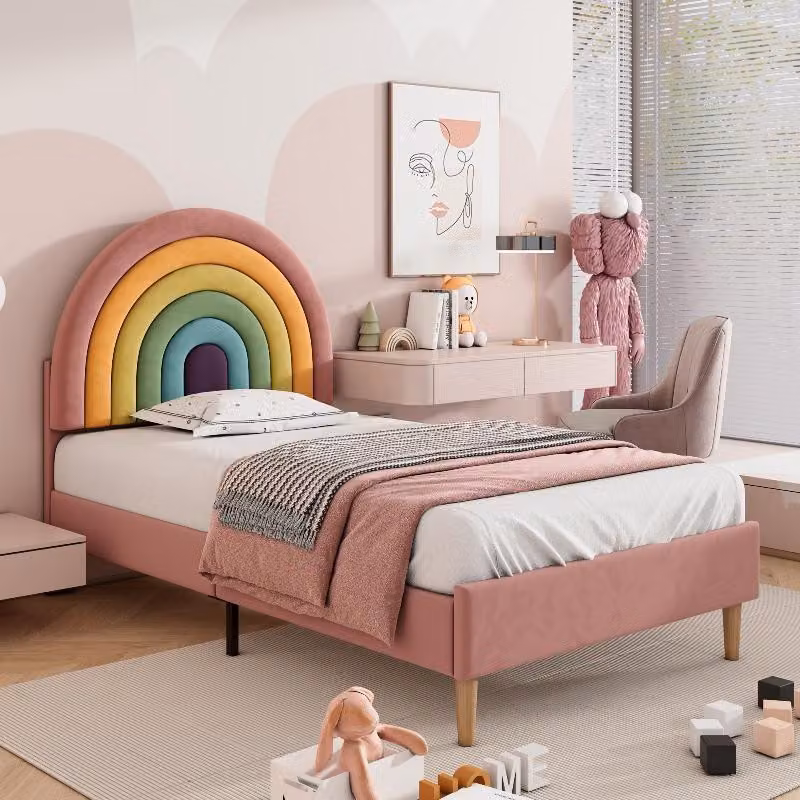 Letto imbottito 90x200 cm, color rosa, in velluto, con rete a doghe e testiera regolabile in altezza, ideale per la camera da letto