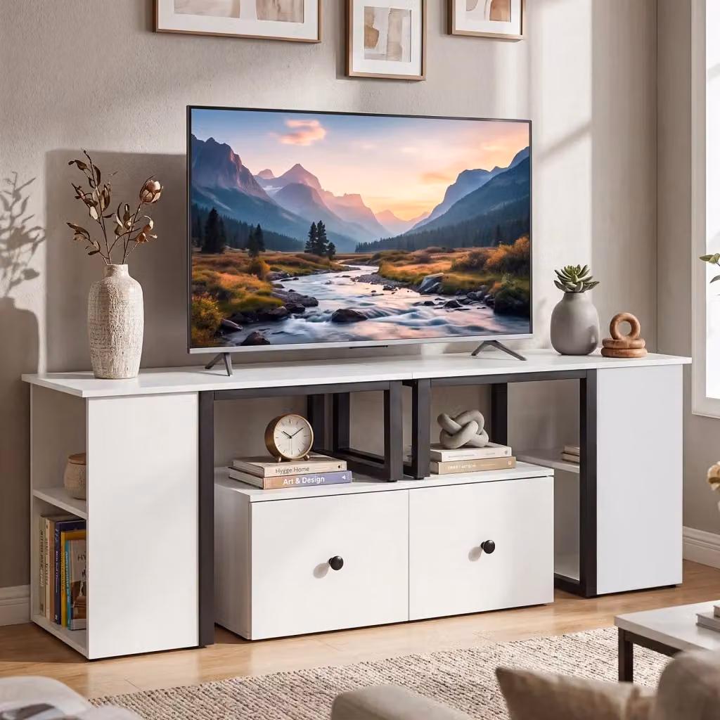 Mobile porta TV angolare bianco moderno con 2 cassetti e 4 scomparti aperti per soggiorno e camera da letto, supporto estensibile per TV fino a 60 pollici, L: 140 cm, P: 30 cm, H: 50 cm – 2
