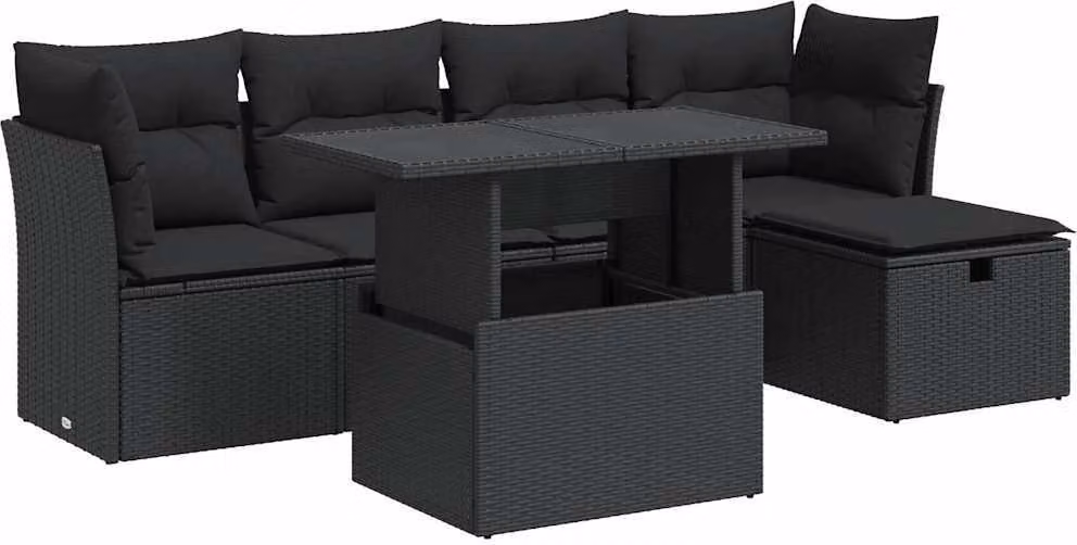 Set Divano da Giardino 6 pz con Cuscini Nero in Polyrattan