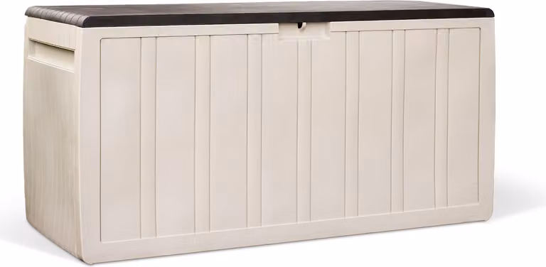 Contenitore XL "Leonardo" da 270 litri - Contenitore da giardino resistente alle intemperie con effetto legno, chiudibile a chiave, marrone/beige, contenitore per cuscini da giardino, balcone e terrazza