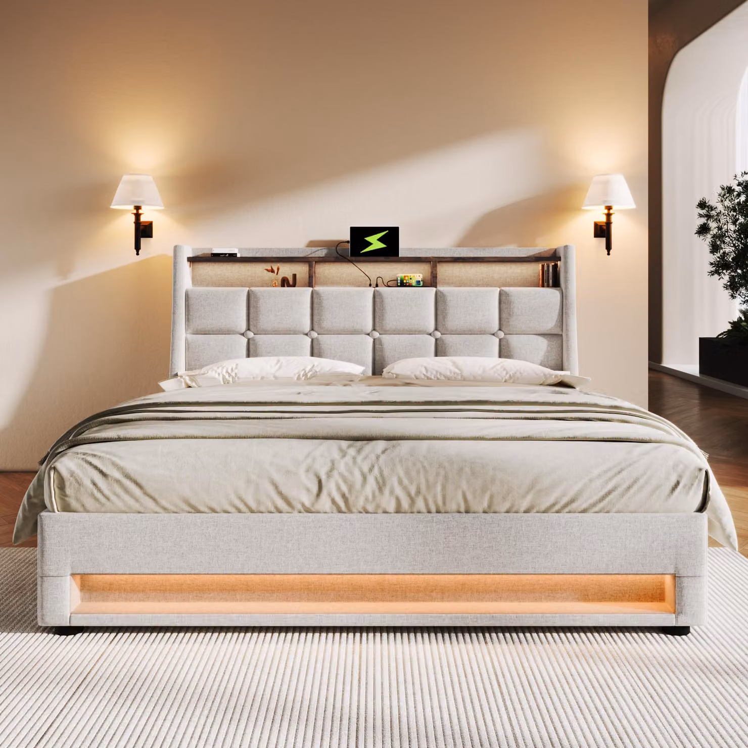 Letto imbottito 180x200, con porta USB, illuminazione LED, struttura in metallo a listelli, rivestimento in lino, letto matrimoniale, senza materasso.