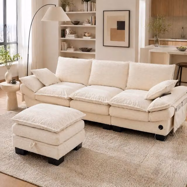 Divano Modulare REDOM a 3 posti con Pouf, Rivestimento in Velluto a Costine Beige, L/P/H: 260 x 132 x 84 cm